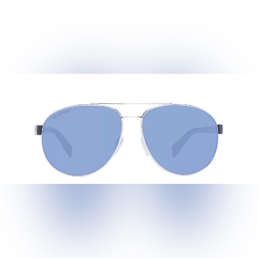 Omega Men's Black Silver Frame Sunglasses with Dark Blue Lenses and Gray Temples